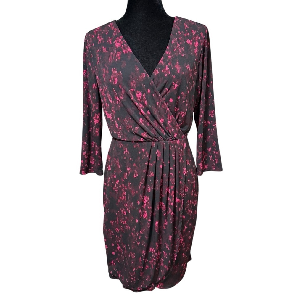 Tahari Black Pink Floral Faux Wrap Dress 3/4 Sleeve Size 8